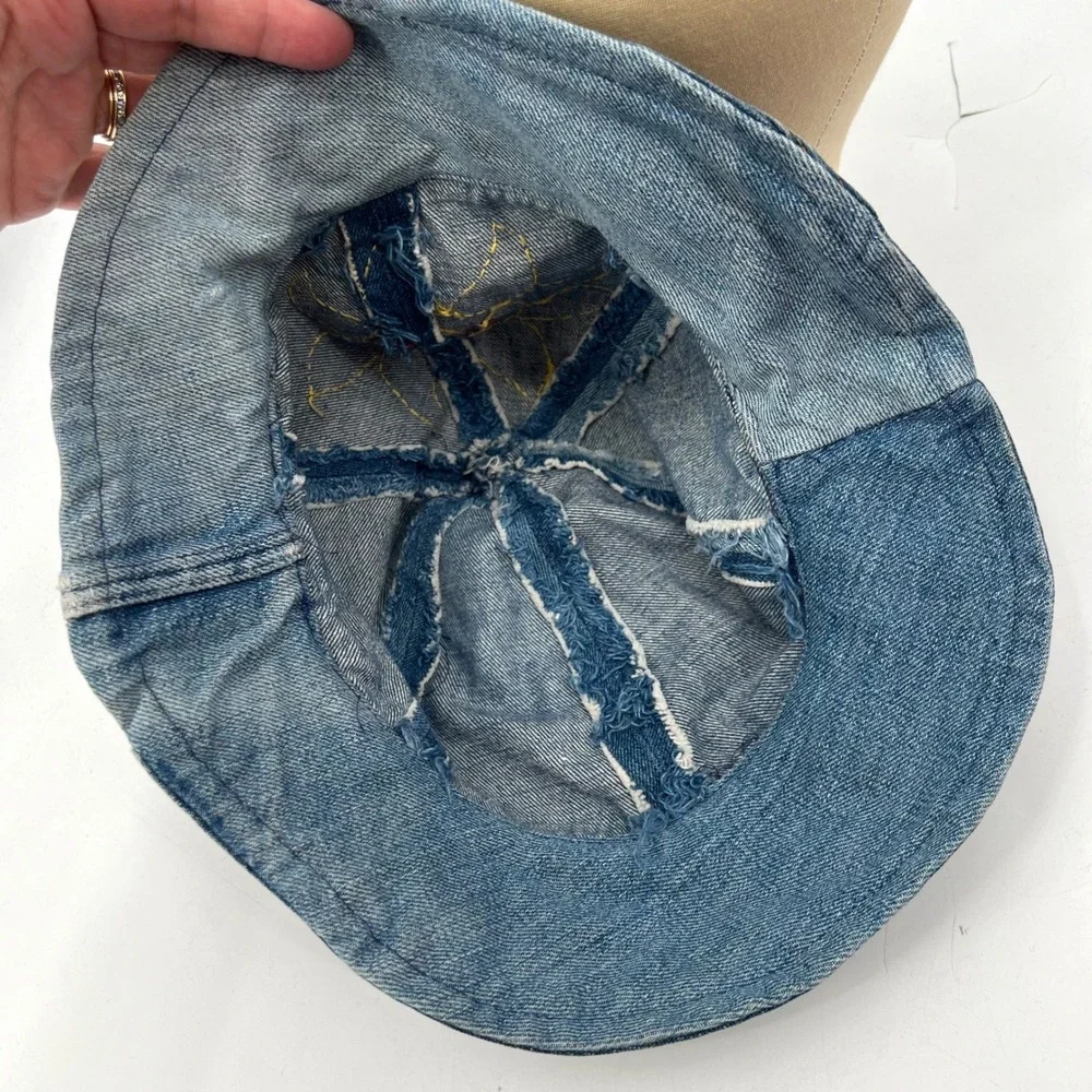 Hippie 70s Boho Vintage Retro Handmade Blue Denim Bucket Hat Embroidered Sun
